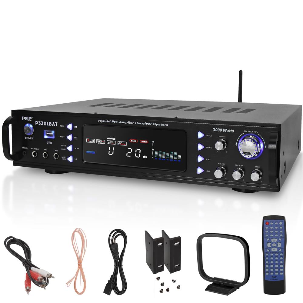 Bluetooth Hybrid Stereo Amplifier Receiver with AM/FM Radio, Digital LCD Display, USB/SD MP3 Playback, Multi-Channel Source Audio Selection, Dual Microphone Inputs, Subwoofer Output, AUX and RCA Connectors, Headphone Jack, LED Backlight, Cooling Fan, Rack-Mount Design, Remote Control, and Audio Adjustment Controls for Home Theater, Karaoke, and Music Entertainment