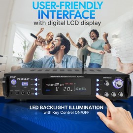 Bluetooth Hybrid Stereo Amplifier Receiver with AM/FM Radio, Digital LCD Display, USB/SD MP3 Playback, Multi-Channel Source Audio Selection, Dual Microphone Inputs, Subwoofer Output, AUX and RCA Connectors, Headphone Jack, LED Backlight, Cooling Fan, Rack-Mount Design, Remote Control, and Audio Adjustment Controls for Home Theater, Karaoke, and Music Entertainment