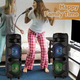 Portable Bluetooth PA Speaker - Dual 8'' Karaoke Speaker System with Microphone, Remote Control & Built-in Rechargeable Battery, MP3/USB/SD, LED Battery Indicator Lights - QS-2821