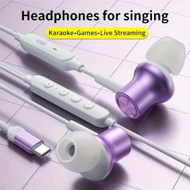Type-C Wired Voice-Changing Earphones, Intra-Auricular Karaoke Buds with Sound Card and Volume Control Buttons for Multi-Mood Effects, Suitable for Live Streaming & Recording Singing, 3D Stereo HIFI Quality Gaming Music Vocal Proactive Noise Cancelling