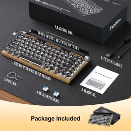 Retro Typewriter Wireless Mechanical Gaming Keyboard, Wireless Office Computer Vintage Keyboards 83-Key Blue Switches Punk Round Keycap, LED Backlight, Compatible With PC/Laptop/Pad/Phone
