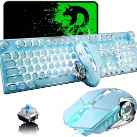 Gaming Keyboard And Mouse, Retro Steampunk Vintage Typewriter-Style Mechanical Keyboard with White LED Backlit, 104-Key Anti-Ghosting Blue Switch Wired USB Metal Panel Round Keycaps