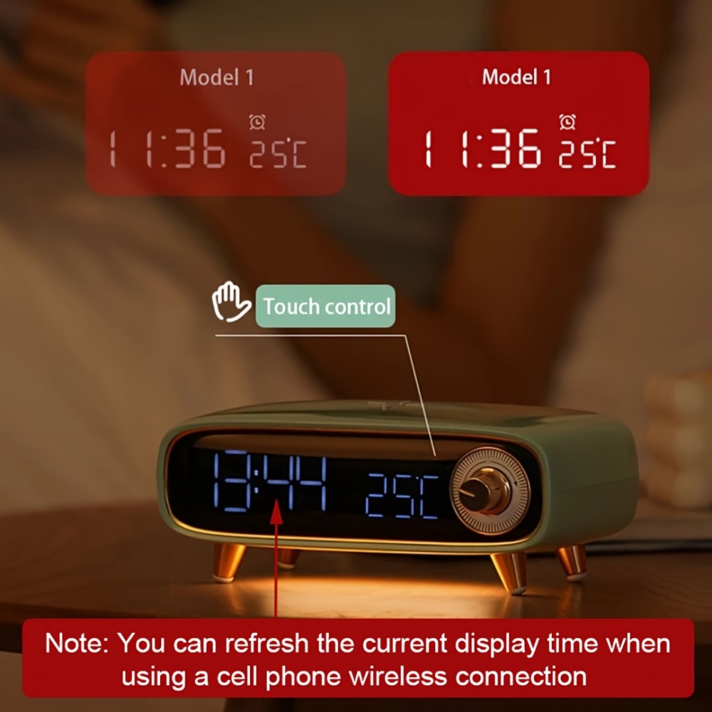 Retro Desktop Wireless Speaker, 15W with Charging Function, Clock Alarm & Temperature Display, Ambient Light - Multi-Functional Creative Design for Bedside/Office Use or as a Gift, Home Decor Gadget, Bedside Speaker, Stylish Decor, Vintage Aesthetic, Sleek Material, Compact Build, Multifunctional Device, Office Workers, Home Users