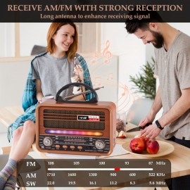 Vintage Wood Grain Retro Radio - Wireless, Stereo Sound, AM/FM/SW Bands, Portable Speaker with USB/TF Card Player, TWS Pairing, LED Lights, Rechargeable Battery for Home and Outdoor Use