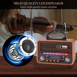 Vintage Wood Grain Retro Radio - Wireless, Stereo Sound, AM/FM/SW Bands, Portable Speaker with USB/TF Card Player, TWS Pairing, LED Lights, Rechargeable Battery for Home and Outdoor Use