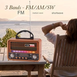Vintage Wood Grain Retro Radio - Wireless, Stereo Sound, AM/FM/SW Bands, Portable Speaker with USB/TF Card Player, TWS Pairing, LED Lights, Rechargeable Battery for Home and Outdoor Use