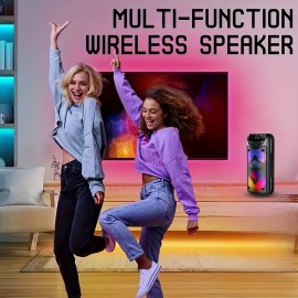 [Portable Wireless Speaker] 4000W Portable Outdoor Wireless Speaker with Colorful Light Effects | Subwoofer Sound System, 2400mAh Capacity, Type-C Charging, USB FM TF Card AUX MIC Knob + Button Control